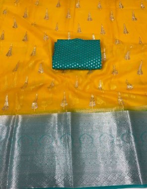 yellow kanchipuram jacquard border with viscose fabric | contrast brocade silver jari blouse fabric sequance work party wear 