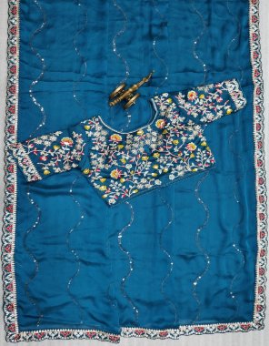 sky blue saree - premium chiffon with embroidery work lace border with sequance work | blouse - full embroidered banglory stitched blouse  fabric embroidery work festive 