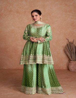 green top - heavy real chinon with embroidery work & sequance work | top type - stitched | size - 44 size | sleeves - heavy real chinon | inner - santoon | plazzo - heavy real chinon with embroidery sequance work with inner attached ( santoon ) | sharara - stitched | dupatta - heavy real chinon with embroidery work with 4 side less work  fabric embroidery work casual 