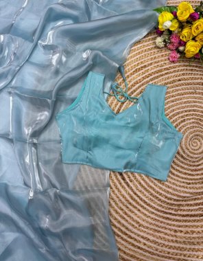 sky blue jimmy choo organza saree with jimmy choo blouse fabric plain work festive 