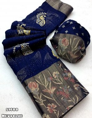 navy blue soft and smooth handloom silk and flower printed  fabric printed work festive 