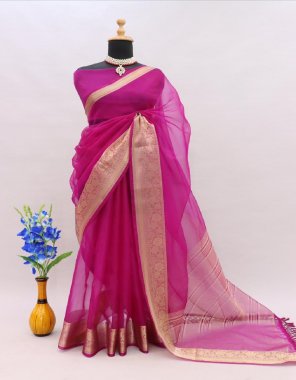 pink soft banarasi kora organza silk saree and running blouse & jaalar fabric plain work party wear  