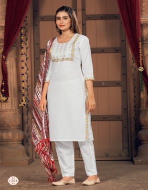 white kurti - pure cotton with embroidery & stylish pattern with exclusive lock | pant - pure cotton stitched pant with pocket | dupatta - pure viscose with print | size - m ( 38 ) | l ( 40 ) | xl ( 42 ) | xxl ( 44 )  fabric embroidery work festive 