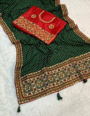 dark green saree - vichitra saree with bandhani printed & heavy work patti work border in saree | blouse - banglori blouse with patti border  fabric printed work festive 
