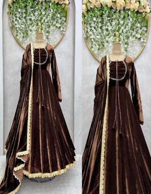 brown gown - velvet with inner | work - real mirror work | length - 52+| size - m ( 38 ) | l ( 40 ) | xl ( 42 ) | padded with tassels | pant - heavy velvet | work - plain | size - free size ( stitched with elastic )  | dupatta - heavy velvet with lace work ( 2.2 m)  fabric real mirror work ethnic 