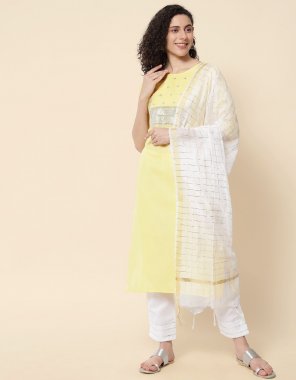 yellow kurta - cotton blend | pattern - embroidered | work - yoke sequance | kurta type - straight | neck - round neck | sleeves - 3/4 sleeves | front length - 44 