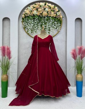 red suit - faux georgette with inner | work - sequance & ston work with fancy lace | flair - 4.5 m | length - 52+ | size - m ( 38 ) | l ( 40 ) | xl ( 42 ) | pant - crep |work - plain | size - free ( stitch with elastic ) | dupatta - faux georgette with moti lace with stone work ( 2.2 m) fabric sequance work festive 