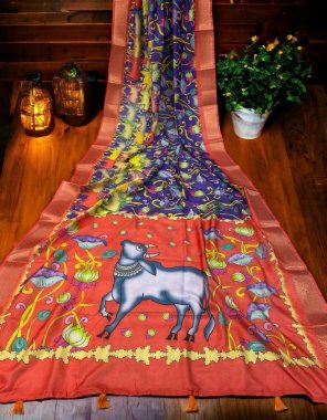 navy blue pichwai cow print on handloom jacquard border fabric fabric printed work ethnic 