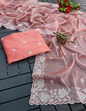 peach saree - sitara chiffon sequance and white thread embroidery work | blouse - embroidery work banglory blouse fabric embroidery work festive 