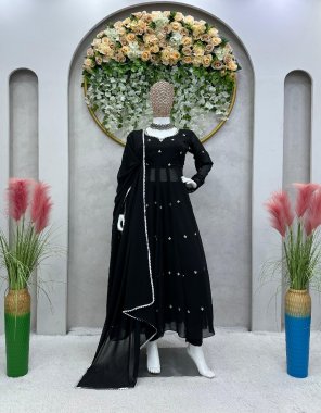 black suit - faux georgette with inner | work - thread work | size - m ( 38 ) | l ( 40 ) | xl ( 42 ) | length - 50+ | with padded | pant - crep | work - plain | size - free ( stitch with elastic ) | dupatta - faux georgette lace with stone work ( 2.2 m) fabric thread work work ethnic 