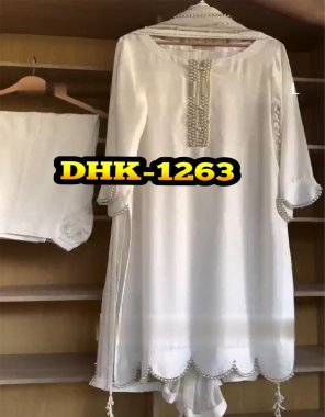 white top - heavy rayon cotton | work - fancy stitching moti work | sleeves - full sleeves with fancy stitching moti work |  inner - micro cotton | top length - 47 - 48 inch | top size - m ( 38 ) | l ( 40 ) | xl ( 42 ) | xxl ( 44 ) | pant - heavy rayon cotton | pant length - 40 -42 inch upto xxl | dupatta -  heavy faux georgette with heavy embroidered work and lace border ( 2.1 m)  fabric embroidery work festive 
