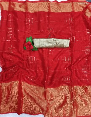 red saree - pure chiffon with zari woven both side border with sequance work | blouse - jacquard fabric embroidery work ethnic 