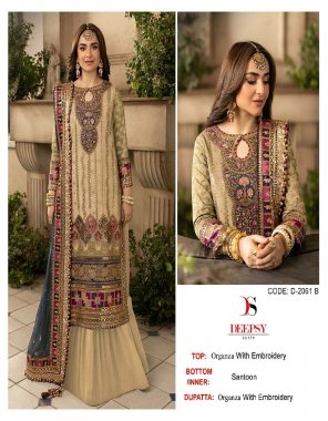 cream top - organza with embroidery & handwork | bottom - dull santoon | dupatta - organza with embroidery fabric embroidery work ethnic 