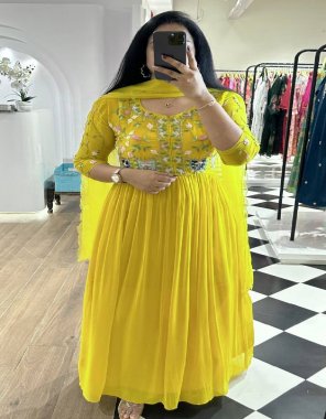 yellow gown - heavy faux georgette with embroidery work | inner - micro cotton | size - 42 ( xl stitched ) ( upto xxl 44 margin) | length - 56 