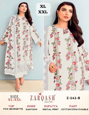 white top - heavy georgette fabric | bottom - cotton stretchable | inner - heavy fabric | dupatta - digital printed | size chart - top size - xl ( 42 ) | xxl ( 44 ) | bottom size - xl ( 38 - 42 ) | xxl ( 38 - 44 ) fabric embroidery work ethnic 
