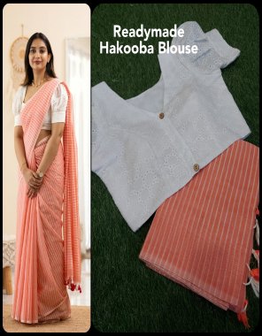 peach saree - soft khadi cotton with fancy tassels | blouse - ready made hokoba blouse ( size - 36+ margin) fabric printed work ethnic 