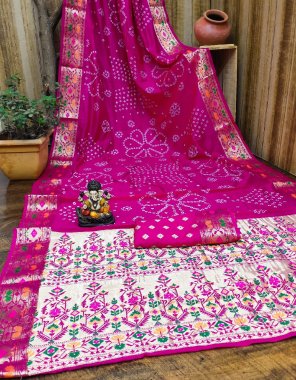 pink pure bandhej silk with patola border with zari weaving fabric weaving work festive 