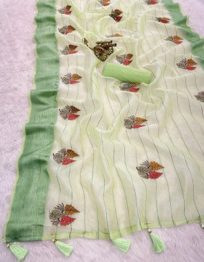 parrot green saree - soft organza silk with zari weaving border with embroidery work | blouse - matching banglory blouse fabric embroidery work festive 