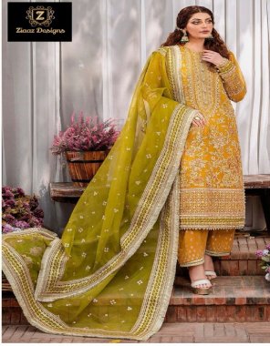 yellow top - georgette embroidered with handwork | bottom & inner - santoon ( unstitched ) | dupatta - organza embroidered heavy border work with fourside lace work fabric embroidery work festive 
