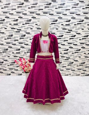 wine koti - fox georgette with embroidery chain work | sleeves - full sleeves | inner - micro cotton |type - full stitched | lehenga - fox georgette embroidery chain work | lehenga type - stitched | choli - heavy japan satin with digital printed work ( full stitched )  fabric embroidery work party wear 