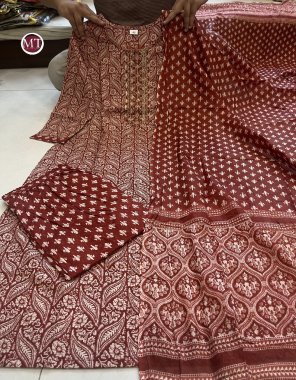 maroon pure cotton with beautiful neck embroidery work fabric embroidery work festive 