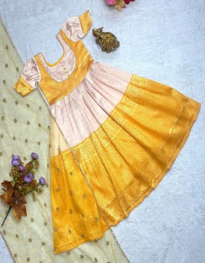 yellow gown - kanjivaram weaving silk with zari weaving border | linning / inner - micro cotton | dupatta - net fabric embroidered butta work fabric weaving  work casual 