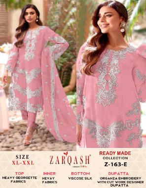 pink top - heavy georgette with inner | bottom - viscose silk | dupatta - organza embroidery with designer dupatta | size chart - top - xl ( 42 ) | xxl ( 42 ) | bottom length - xl / xxl - 38 fabric embroidery work casual 