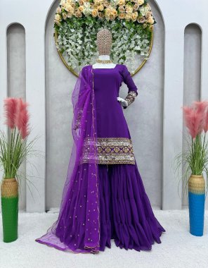 purple top - faux georgette | inner - micro | work - thread wurg sequance work | stitch - m ( 38 ) | l ( 40 ) | xl ( 42 ) | sharara - faux georgette | inner - micro | stitch - full stitch upto 44 with elastic | dupatta - soft net with thread sequance work ( 2.2 m)  fabric embroidery work casual 