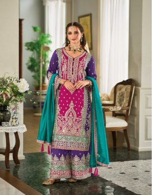 purple top - premium silk with embroidery work | dupatta - premium silk with embroidery work | plazzo - premium silk with embroidery work ( front & back ) | size - m ( 38 ) | l ( 40 ) | xl ( 42 ) | xxl ( 44 )  | 3xl ( 46 )  fabric embroidery work festive 