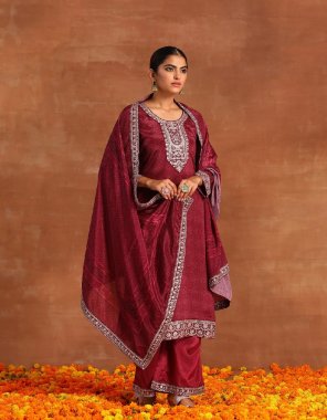 maroon silk blend  fabric embroidery work party wear 