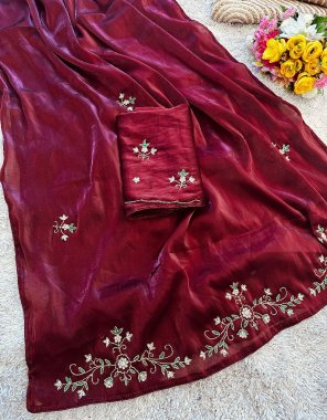 maroon jimmy cho organza with handwork saree | blouse - running handwork unstitch blouse fabric handwork work casual 