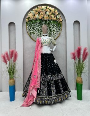 black lehenga - chino silk | work - sequance work with zari embroidery work | size - upto 44 | length - 42 | inner - crepe | lehenga type - semi stitched | flair - 4.0m with canvas patta & cancan | choli - mono banglori | work - 3mm sequance work | size - upto 44 ( unstitch ) | stitch - unstitch with sleeves | dupatta - fox georgette with sequance work ( 2.20m)  fabric sequance work  work ethnic 