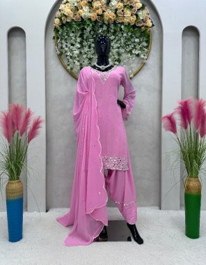 pink top - faux georgette | inner - micro | work - thread with real mirror work and moti | stitch - m ( 38 ) | l ( 40 ) | xl ( 42 ) | pant - faux georgette | inner - micro | work - thread with rivet moti with real mirror work | stitch - full stitched upto 44 with elastic | dupatta - faux georgette with thread real mirror work and cutwork border ( 2.2 m) fabric thread work work festive 