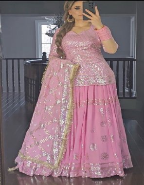 pink top - faux georgette with full sleeves ( full stitched ) | top length - 36 - 37 | top size -  m ( 38 ) | l ( 40 ) | xl ( 42 ) | xxl ( 44) | lehenga - faux georgette | lehenga type - micro silk | lehenga length - 42 inches | bottoms upto 3m | lehenga type - semi stitched | dupatta - faux georgette with sequance work with fancy border ( 2.30 m) | top size - m ( 38 ) | l ( 40 ) | xl ( 42 ) | xxl ( 44 ) ++ margin size  fabric sequance work work casual 