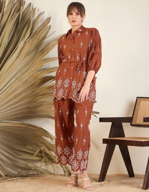 brown floral embroidery straight a line kurta with trouser ( viscose rayon )  fabric embroidery work party wear 