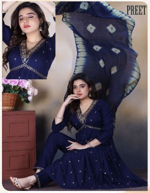 navy blue top - rayon 14kg v alia cut with naira cut with work | bottom - rayon 14kg plain with work | dupatta - nazmeen siboori  fabric embroidery work party wear 