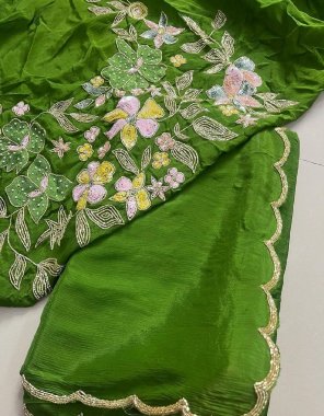 parrot green soft chinon with handwork | blouse - running blouse with heavy work  fabric handwork work casual 