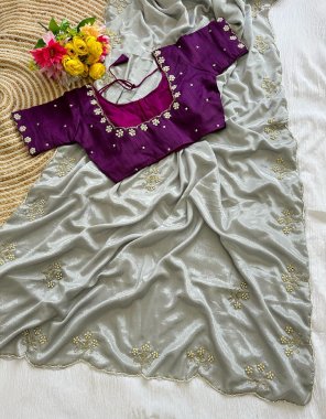 grey soft chinon silk saree with hand crafted work | blouse - stitched | size - 38 upto 42 fabric handwork work party wear 