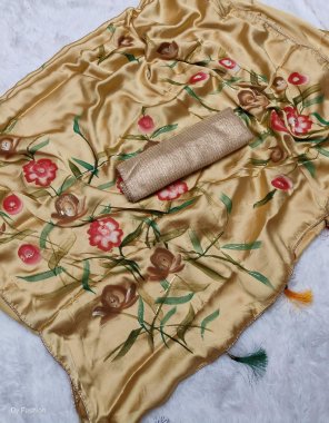 brown saree  - devsena soft satin digital flower printed and foil work and attached piping work | blouse - fancy imported fabric blouse  fabric digital printed work party wear 