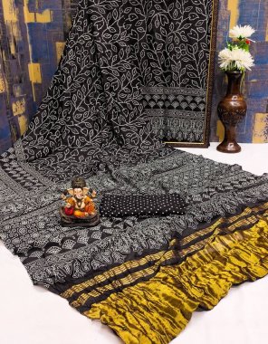 black ajrakh pattern printed soft silk lagdi patta saree fabric printed work party wear 