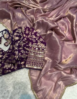 purple saree - crush tissue silk with gold true tone zari color | blouse - dola silk banarasi zari sequance thread work | size - upto 42 fabric weaving work ethnic 