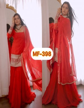 red top - heavy faux georgette with embroidery sequance work with sleeves | inner - heavy micro cotton | length - 36 - 38 | top size - m ( 38 ) | l ( 40 ) | xl ( 42 ) | xxl ( 44 ) ( +3xl margin ) [ fully stitched ] | bottom - heavy faux georgette with fully ruffle work flair | bottom length - 40 - 41 inch ( fully stitched ) | dupatta - heavy faux georgette with heavy embroidery sequance work with lace border  fabric embroidery  work festive 