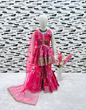pink top - heavy japan satin with sequance embroidery work with digital printed | zipper - available | inner - micro cotton | sleeves - extra available | top - full stitched | sararara - heavy japan satin with digital print work with heavy less | inner - micro cotton | sarara - full stitched | dupatta - heavy net with less  fabric digital printed work festive 