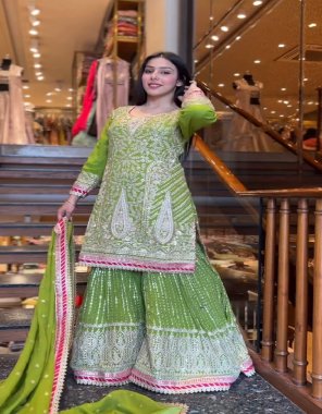 parrot green top - heavy faux georgette with heavy embroidery sequance work ( full sleeves ) | inner - heavy micro cotton | length  - 36 - 38 inch | size - m ( 38 ) | l ( 40 ) | xl ( 42 ) | xxl ( 44 ) | plazzo - heavy faux georgette with heavy embroidery sequance work | plazzo inner - heavy micro cotton | length - 40 - 42 inch ( fully stitched ) | dupatta - heavy faux georgette with heavy embroidery sequance work ( 2.40 m) fabric embroidery  work ethnic 