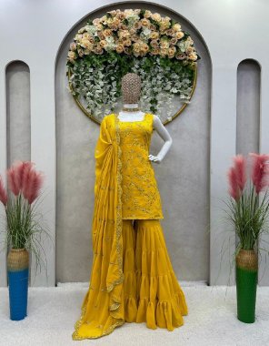 yellow suit - faux georgette | inner - micro | work - thread with sequance work | size - m ( 38 ) | l ( 40 ) | xl ( 42 ) |  sharara - faux georgette | inner - micro | work - plain | size - free ( full stitched with elastic ) | dupatta - faux georgette with thread sequance with lace ( 2.2 m)  fabric embroidery  work festive 