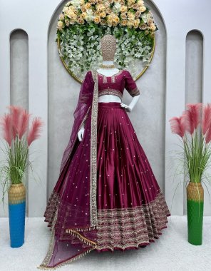 maroon lehenga - japan satin | work - thread with sequance work | size - upto 44 | inner - crep | lehenga type - semi stitched | flair - 3m canvas with cancan | choli - japan satin | work - zari with sequance work | size - upto 42 ( unstitch ) | dupatta - butterfly net with zari sequance two side lace border ( 2.20 m)  fabric embroidery work casual 