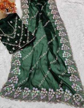 dark green saree - pure jimmy choo silk with multi thread work with sequance work | blouse - jimmy cho with front and back side designer work  fabric embroidery work festive 