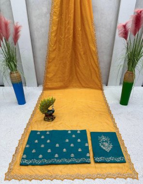 yellow saree - tibby silk | work - thread and moti work | cut - 5.5 | blouse - mono banglori silk | work - thread with moti work | cut - 0.80cm ( unstitched )  fabric thread work  work festive 