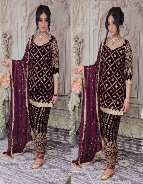 maroon top -  faux georgette with heavy embroidery sequance work with sleeves | inner - micro cotton | length - 36 - 37 inches | size - m ( 38 ) | l ( 40 ) | xl ( 42 ) | xxl ( 44 ) ++ 3xl margin ( fully stitched ) | patiyala salwar - faux georgette with embroidery sequance work | fully stitched xl size | length - 40 - 41 | inner - micro cotton | dupatta - heavy faux georgette with embroidery sequance work ( 2.30 m) fabric embroidery work ethnic 