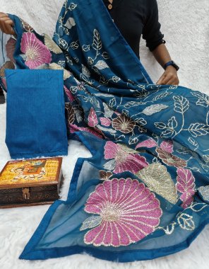 blue saree - premium georgette with multi thread sequance flower work | blouse - plain banglori silk  fabric thread work work party wear 
